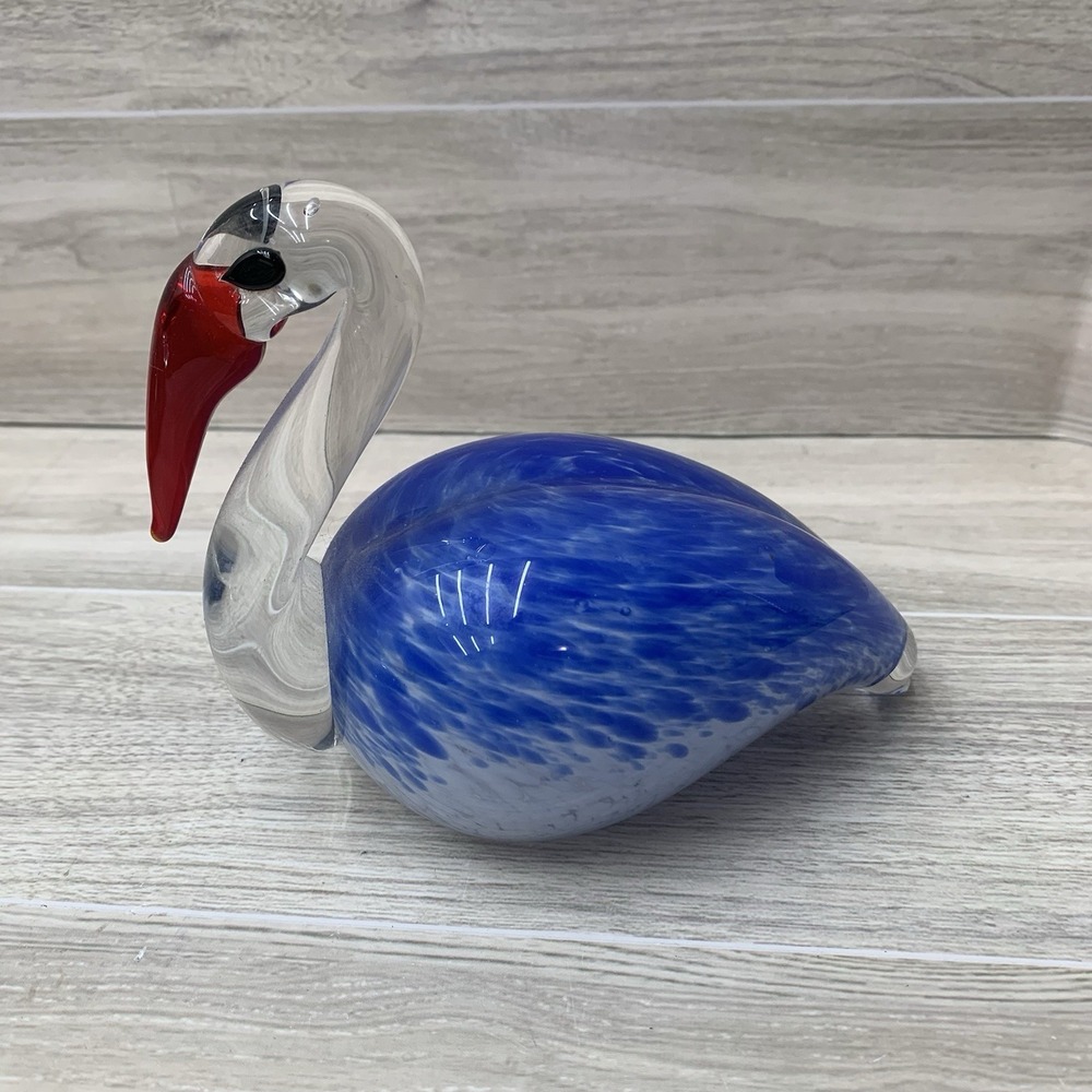 Vintage Murano Style Art Glass Bird Figurine Red Beak Heavy Hand Blown Sculpture